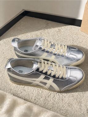 Onitsuka Tiger by Asics Women’s Silver Sneakers with Cream Stripes